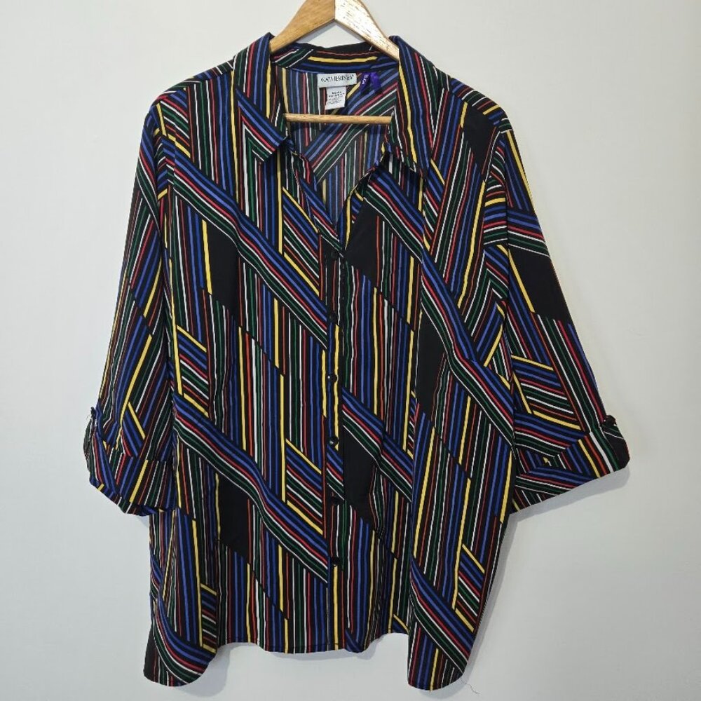 Catherines Rainbow Stripe Button Up Top Sz 3XW Petite Art To Wear Roll Tab Sleev